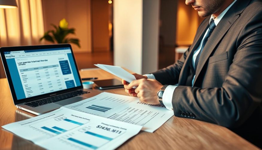 A professional finance advisor in a sharp suit sits at a well-organized desk, reviewing multiple loan agreements and comparing interest rates. The foreground features detailed documents with graphs and numbers illustrating various credit options. In the middle ground, there is a laptop displaying a finance comparison website, emphasizing the importance of evaluating terms. The background includes a modern office setting with warm, ambient lighting that conveys an inviting and focused atmosphere. Soft shadows are cast across the desk, adding depth to the scene. The overall mood is one of diligence and clarity, promoting informed financial decisions. A discreet logo of "Financia Tudo" is subtly incorporated into the design of the laptop's screen.
