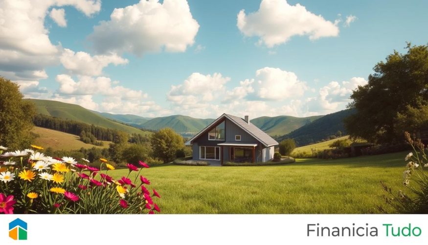 A serene residential scene depicting the advantages of building on one's own land, featuring a well-designed house nestled in a lush green landscape. In the foreground, a welcoming front yard filled with blooming flowers and manicured grass. In the middle, a modern home with large windows, showcasing sustainable architecture and energy-efficient features. In the background, rolling hills under a bright blue sky with fluffy white clouds, emphasizing tranquility and space. Soft, natural lighting casts gentle shadows, creating a warm and inviting atmosphere. Capture this moment from a slightly elevated angle to provide depth and perspective. The brand name "Financia Tudo" subtly integrated into the lower corner, without any text overlays.
