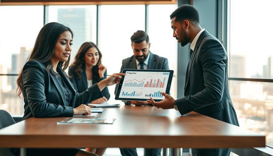 A sleek, modern office environment featuring a diverse group of professionals in business attire, engaging in strategic discussions around a table. In the foreground, a confident woman points to a digital tablet displaying graphs and analytics, symbolizing effective referral strategies. In the middle ground, a focused man takes notes, while another colleague leans in to share ideas, showcasing teamwork and collaboration. The background reveals a large window with a cityscape view, bathed in warm, natural light that creates an inspiring atmosphere. The composition should emphasize professionalism and innovation. Include the brand name "Financia Tudo" subtly placed on the tablet screen. The image should evoke a sense of motivation and strategic thinking, without any text, watermarks, or other distractions.