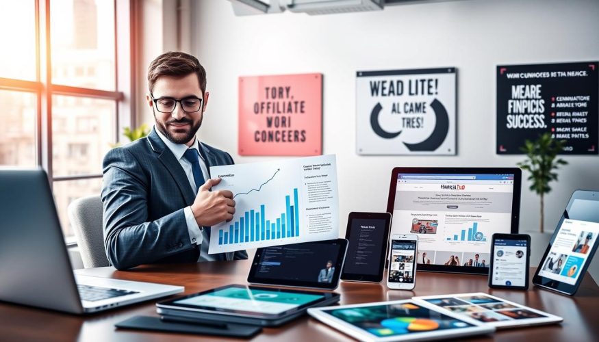 A vibrant and engaging digital workspace showcasing the concept of affiliate marketing. In the foreground, a confident professional in business attire is analyzing graphs and charts on a laptop, illustrating growth and commission structures. The middle ground features an array of digital devices like tablets and smartphones, displaying various online products and a website for "Financia Tudo." The background shows a modern office environment with large windows, soft natural lighting filtering in, and motivational posters about teamwork and success. The overall atmosphere is dynamic and motivational, capturing the essence of understanding the affiliate marketing model without direct sales.