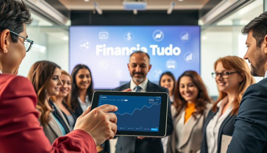 A visually engaging image representing "créditos" for an article on financial recommendations. In the foreground, a close-up of a diverse group of professional individuals in business attire, discussing a financial graph on a tablet device. In the middle ground, a large digital display showcases the brand name "Financia Tudo," surrounded by icons representing financial growth and credit options. The background features a modern office environment with soft, natural lighting, emphasizing a collaborative and optimistic atmosphere. The image captures a sense of professionalism and trust, suitable for a financial article focused on understanding the paid credit recommendation model. Use a wide-angle lens to create depth and clarity. A visually engaging image representing "créditos" for an article on financial recommendations. In the foreground, a close-up of a diverse group of professional individuals in business attire, discussing a financial graph on a tablet device. In the middle ground, a large digital display showcases the brand name "Financia Tudo," surrounded by icons representing financial growth and credit options. The background features a modern office environment with soft, natural lighting, emphasizing a collaborative and optimistic atmosphere. The image captures a sense of professionalism and trust, suitable for a financial article focused on understanding the paid credit recommendation model. Use a wide-angle lens to create depth and clarity.