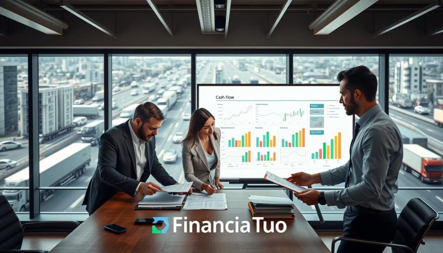 A visually striking representation of healthy cash flow for a transportation company, featuring a modern office environment. In the foreground, a diverse team of three professionals in business attire—two men and one woman—are collaboratively analyzing financial documents and charts on a sleek wooden table. The middle ground showcases a large whiteboard filled with colorful graphs illustrating cash flow analysis. The background reveals a large window with a view of a bustling city and trucks on the road, symbolizing the transport industry. Soft, natural lighting illuminates the scene, creating a balanced and motivating atmosphere. The overall mood is one of professionalism and efficiency, highlighting the importance of maintaining a healthy working capital. The logo "Financia Tudo" is subtly incorporated into the scene as part of the office decor, enhancing the focus on financial wellness without being overt.