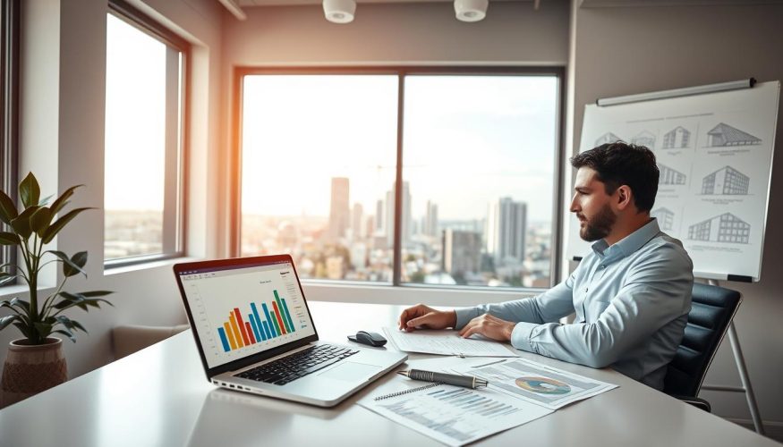 A well-lit office environment showcasing a professional financial advisor seated at a modern desk, analyzing charts and documents related to real estate financing. In the foreground, a laptop displays a simulation tool with graphs illustrating varying financing options, while on the desk, paperwork shows loan calculations. In the middle, a large window reveals a city skyline with residential and commercial buildings, symbolizing the real estate market. The background features a whiteboard filled with diagrams of financing strategies. The atmosphere is focused and informative, with soft, natural lighting enhancing the seriousness of the topic. Include the brand name "Financia Tudo" subtly on the paperwork.