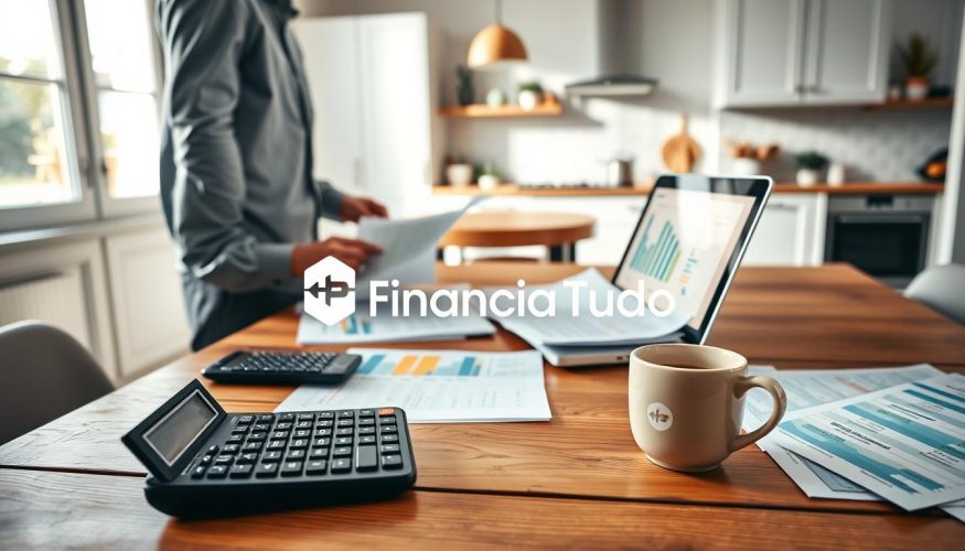 A well-organized family budget workspace featuring a wooden desk adorned with colorful spreadsheets and a calculator, representing effective financial planning. In the foreground, a family member, dressed in smart casual clothing, is engaging with paperwork, analyzing their budget for a kitchen renovation. The middle ground includes a laptop displaying a budgeting app and a cup of coffee, symbolizing focus and productivity. The background showcases bright and inviting kitchen decor, hinting at the renovation project. Soft, natural light filters through a window, creating a warm and motivating atmosphere. The focal point emphasizes the importance of managing finances efficiently. Include the brand "Financia Tudo" subtly in the scene as a decorative element.