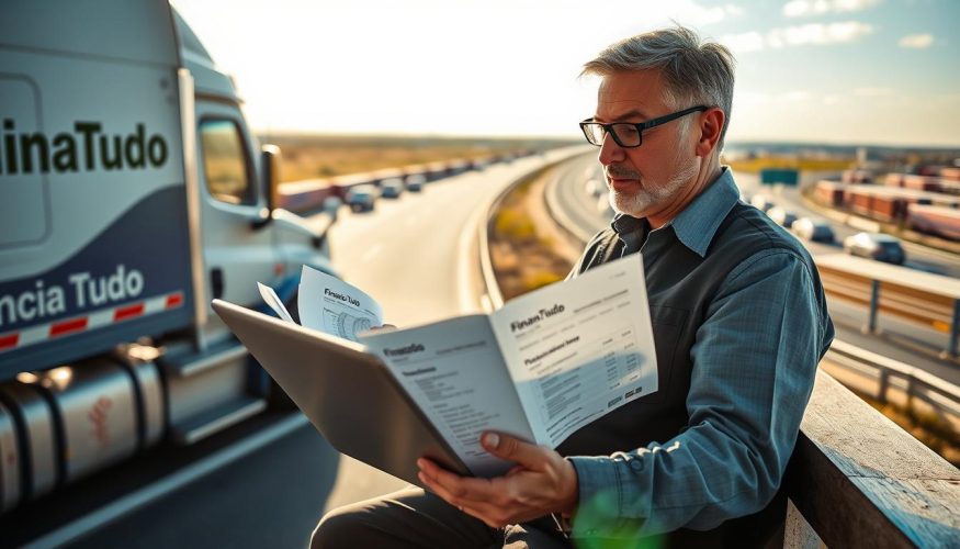 An autonomous truck driver at a busy highway rest stop, reviewing financial documents with a laptop open, showcasing various loan options. Foreground features the driver, a middle-aged man in a smart, casual outfit, looking thoughtful yet hopeful. In the middle ground, the truck is parked with the brand "Financia Tudo" prominently displayed on its side, representing a financial service for truckers. The background reveals a panoramic view of the highway and distant loading docks under a bright, sunny sky, conveying a sense of opportunity and movement. The lighting is warm and inviting, capturing the essence of a productive day. The atmosphere is focused and professional, portraying a moment of financial decision-making in the life of an independent truck driver.